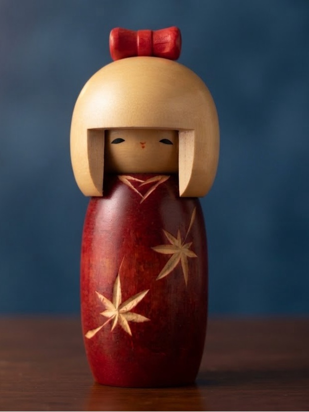 Vintage Japanese Kokeshi Doll Wooden Carved Red Bow Leaf Figurine Collectible